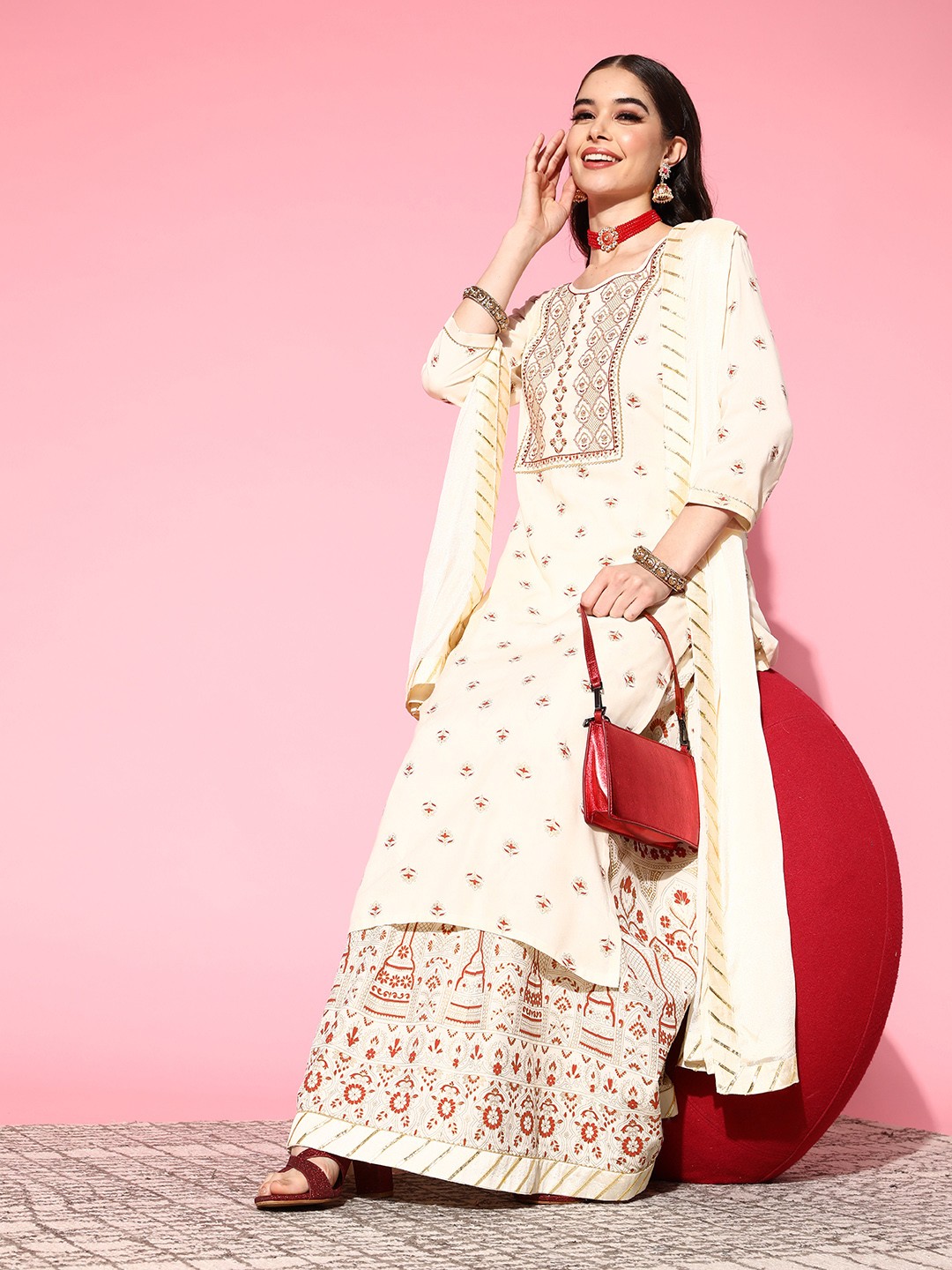 

SheWill Women White Floral Embroidered Kurta with Skirt & With Dupatta