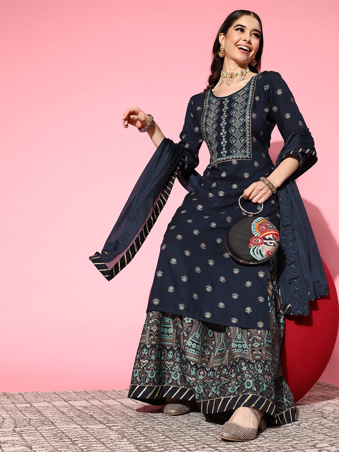 

SheWill Women Teal Floral Embroidered Kurta with Skirt & With Dupatta
