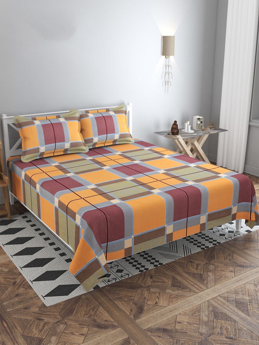 

MULTITEX Orange & Purple Geometric 300 TC King Bedsheet with 2 Pillow Covers