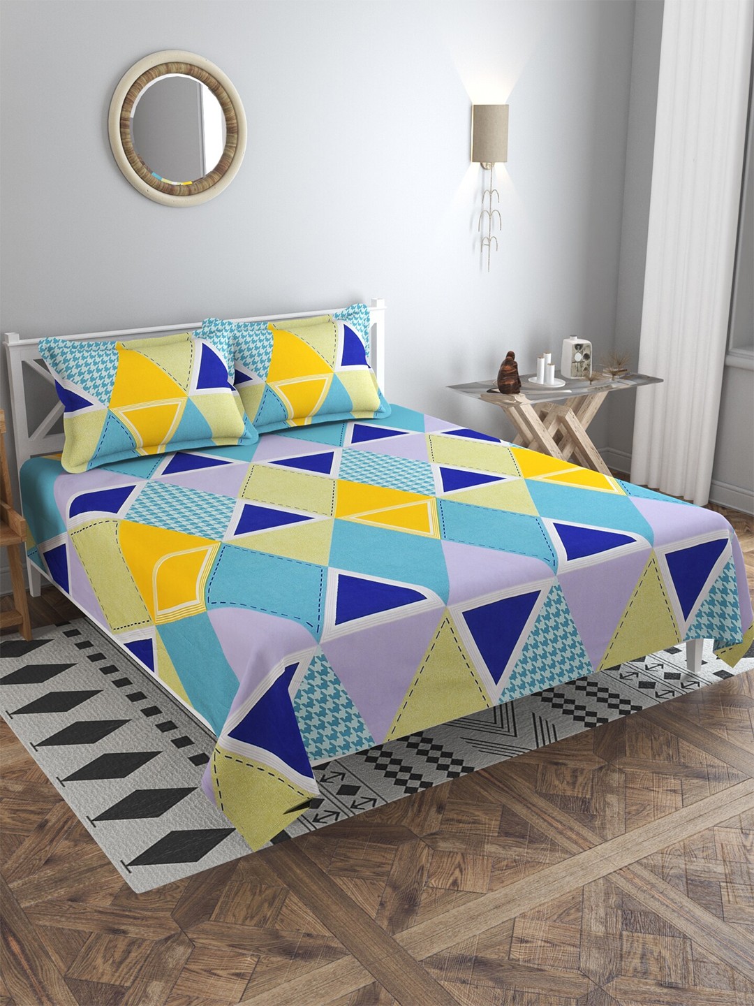 

MULTITEX Yellow & Blue Geometric 300 TC King Bedsheet with 2 Pillow Covers