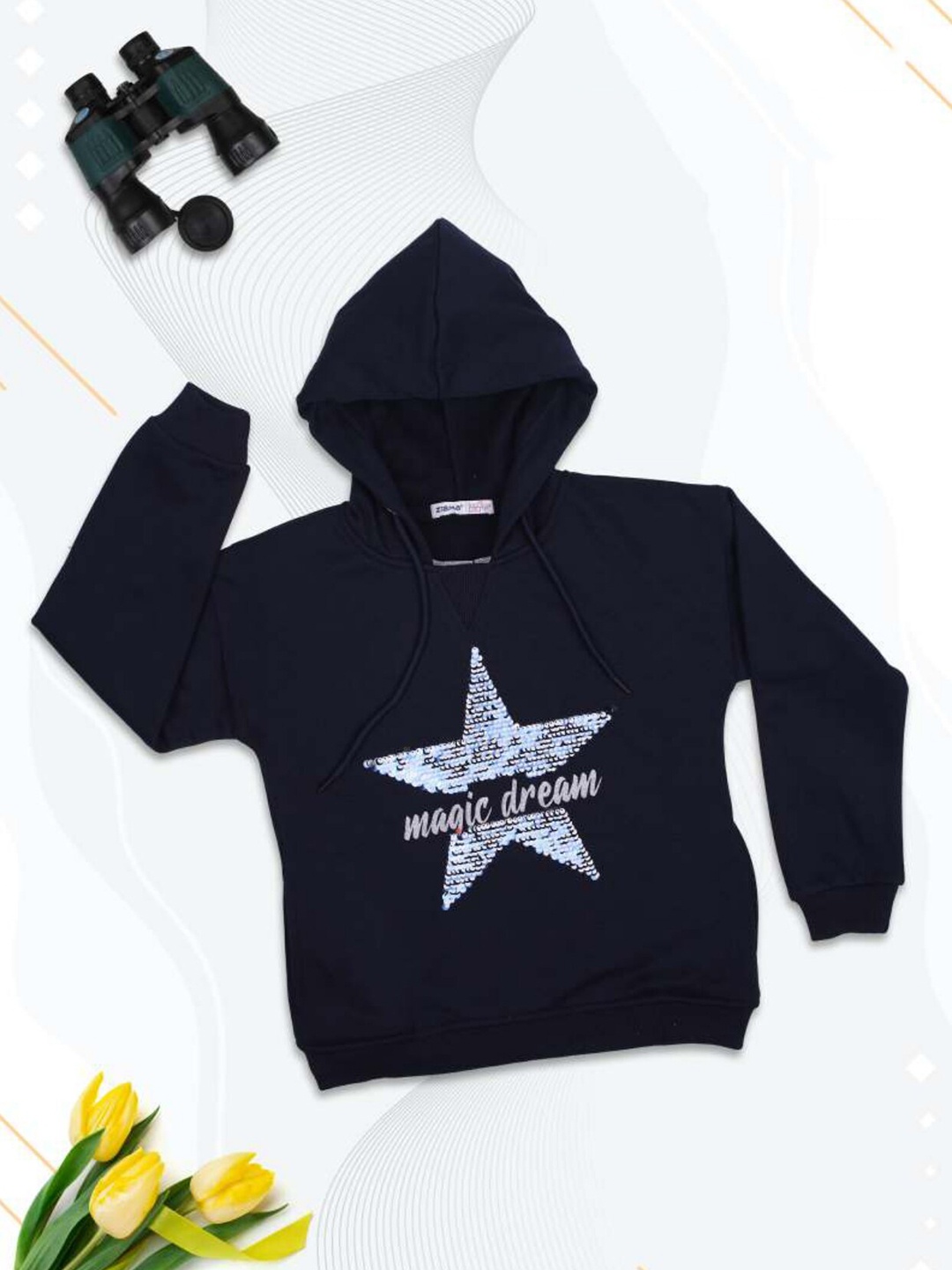 

Ziama Girls Navy Blue Printed Hooded Sweatshirt