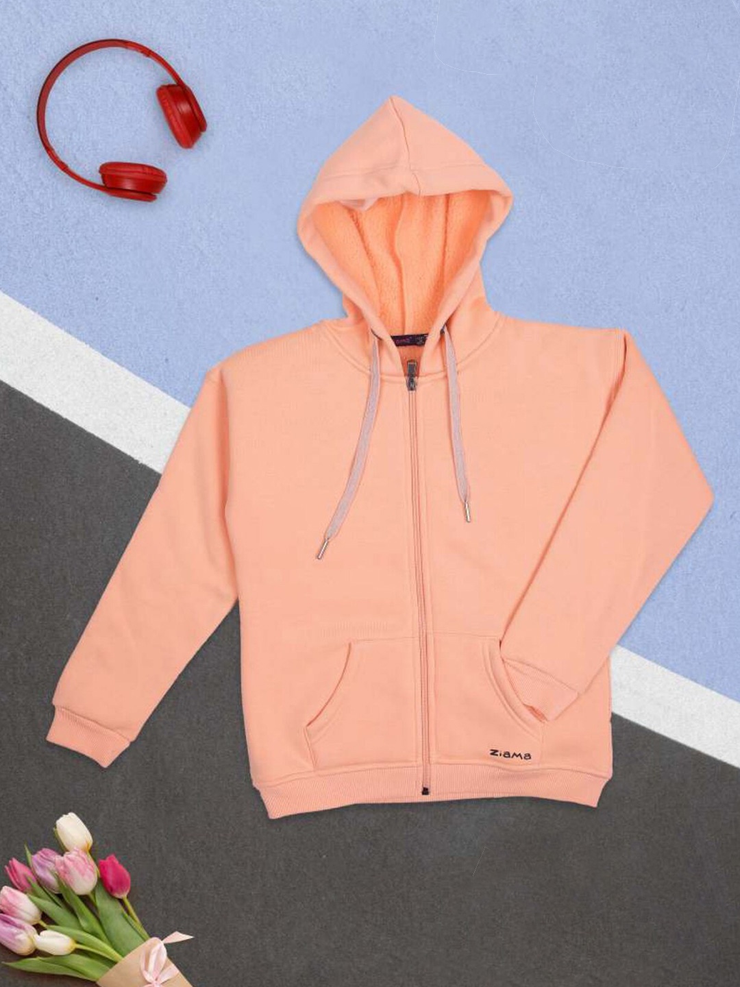 

Ziama Girls Peach-Coloured Solid Hooded Sweatshirt