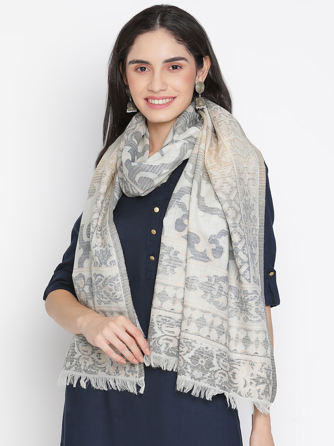 

SHINGORA Women Grey & Beige Woven Design Wool Blend Stole