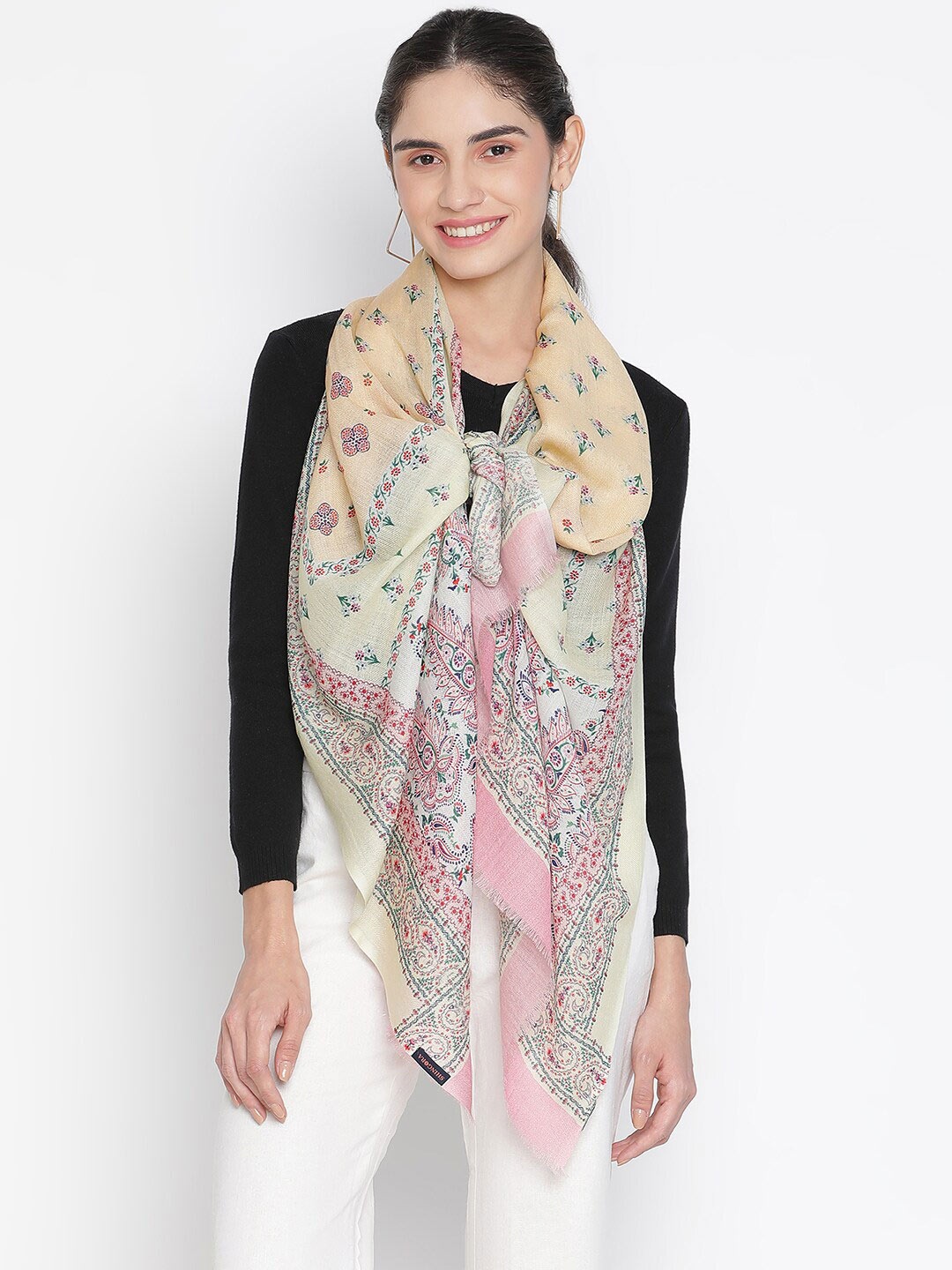 

SHINGORA Women Peach-Coloured & Cream-Coloured Pure Wool Printed Stole