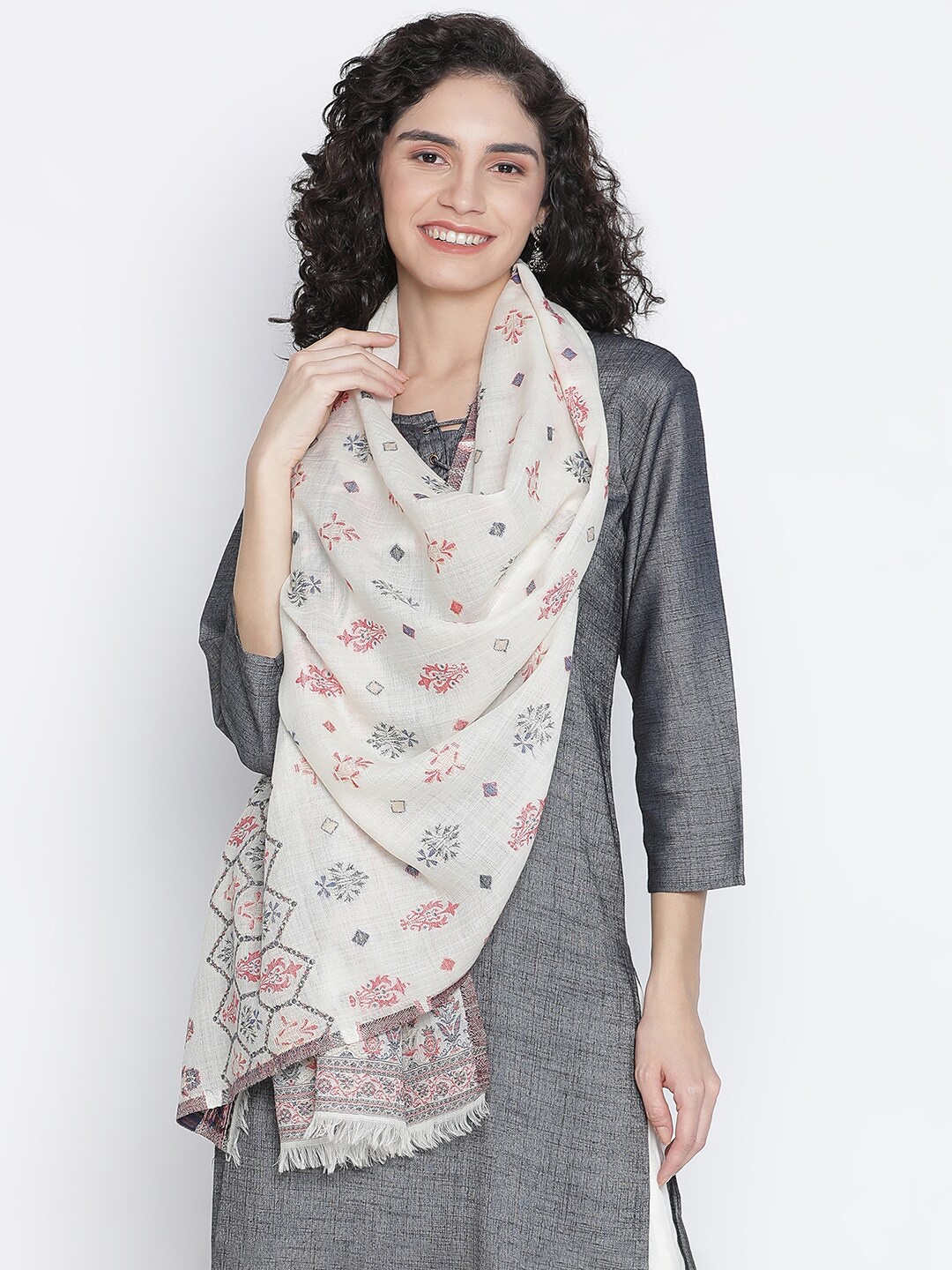 

SHINGORA Women White & Red Woven Design Stole