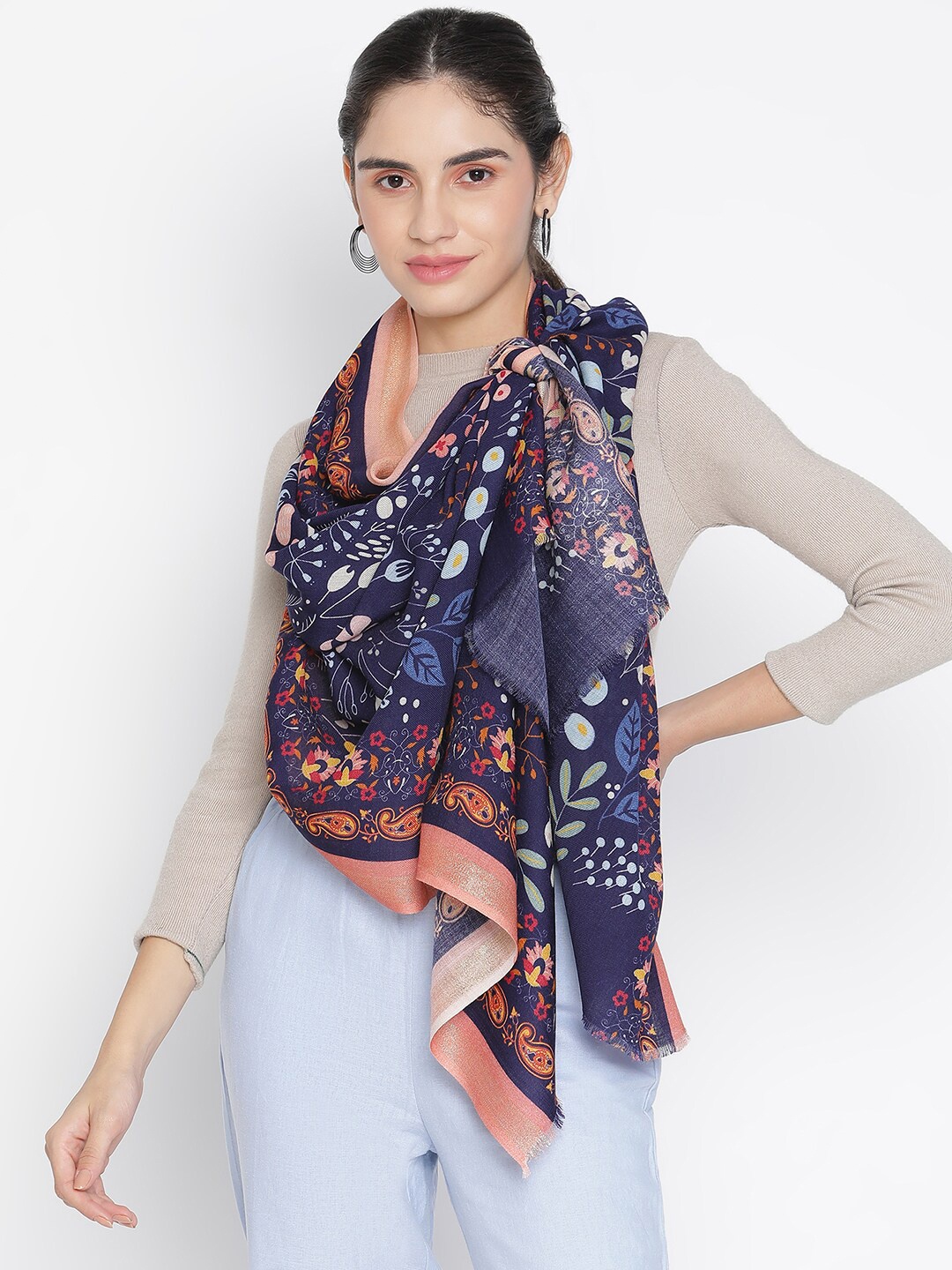 

SHINGORA Women Navy Blue & Peach-Coloured Printed Stole