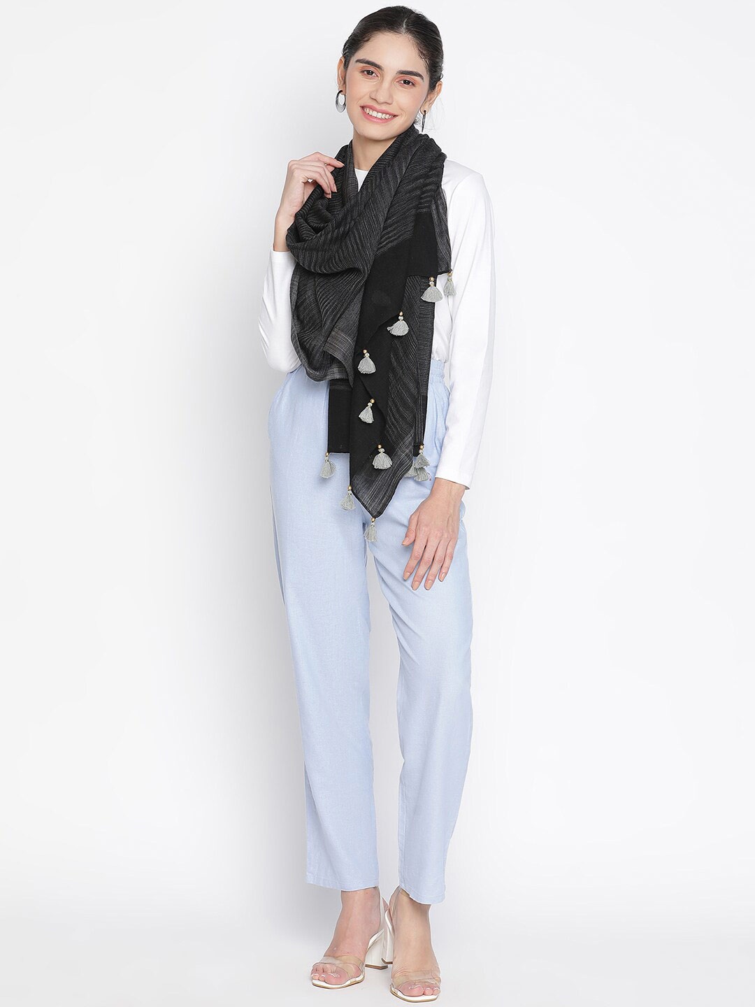 

SHINGORA Women Black & Grey Woven Design Pure Wool Stole
