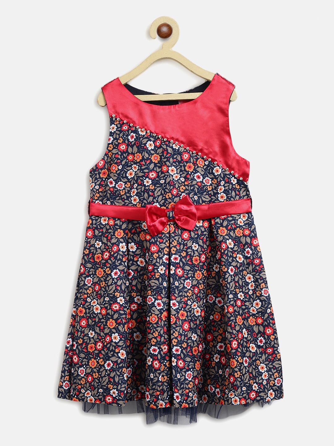 

Nauti Nati Red & Navy Blue Floral Printed Crepe A-Line Dress