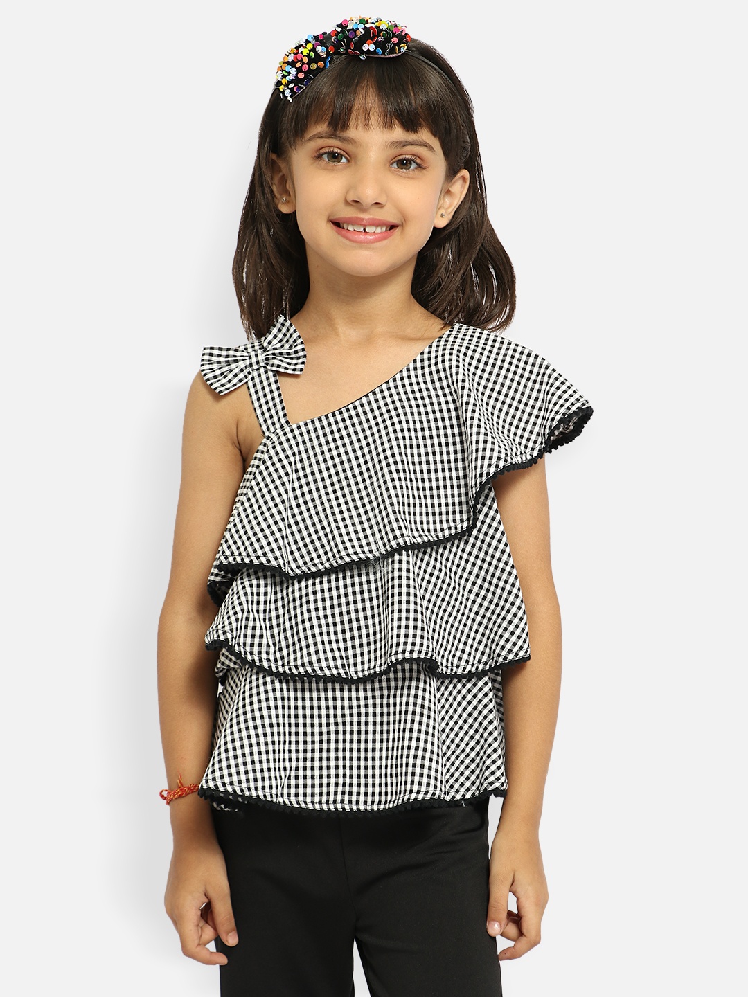 

Nauti Nati Girls Black & White Checked Cotton Top with Trousers