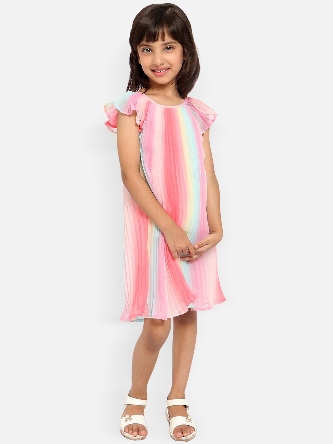 

Nauti Nati Pink & Yellow Striped A-Line Accordion Pleated Dress