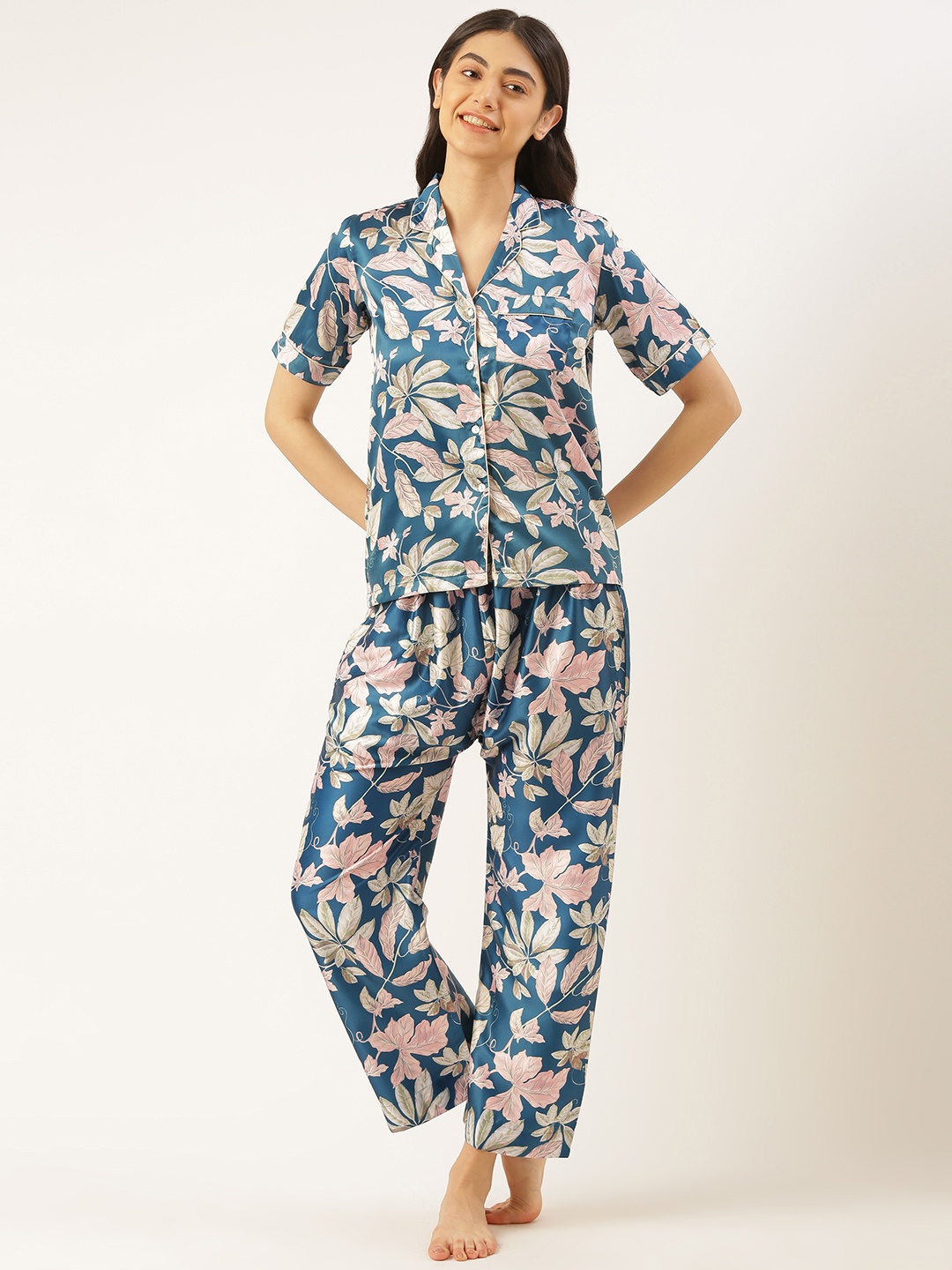 

SWAGG INDIA Women Tropical Printed Satin Night suit, Turquoise blue