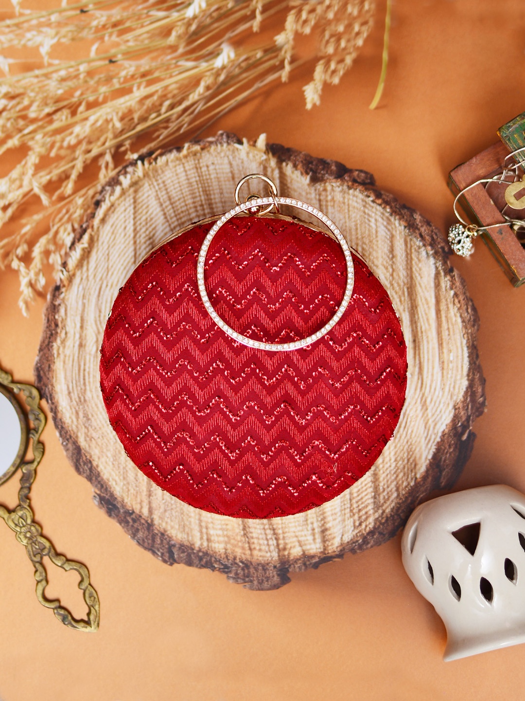 

ARTKLIM Red Embroidered Embellished Round Clutch
