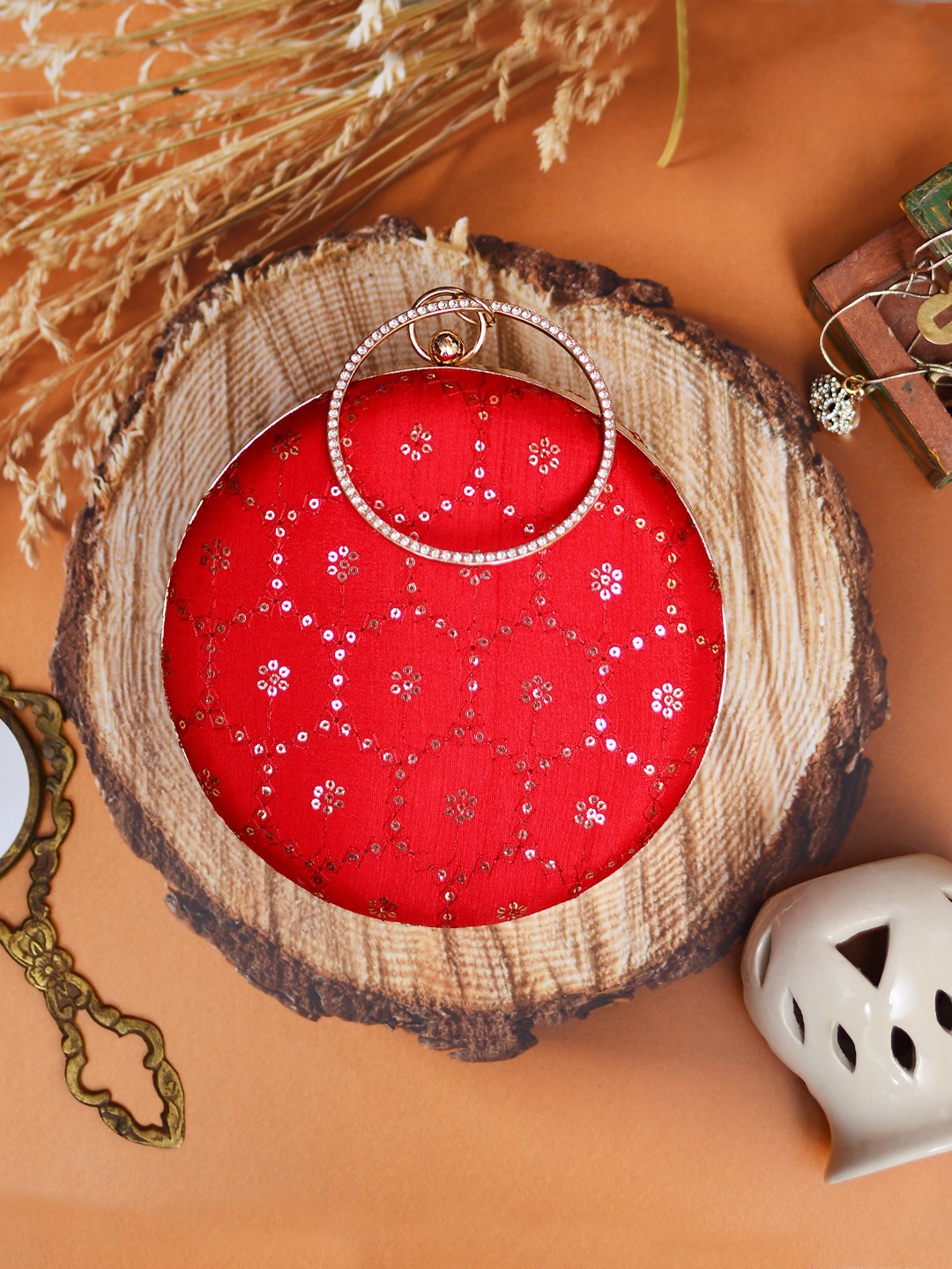 

ARTKLIM Red Embroidered Round Clutch