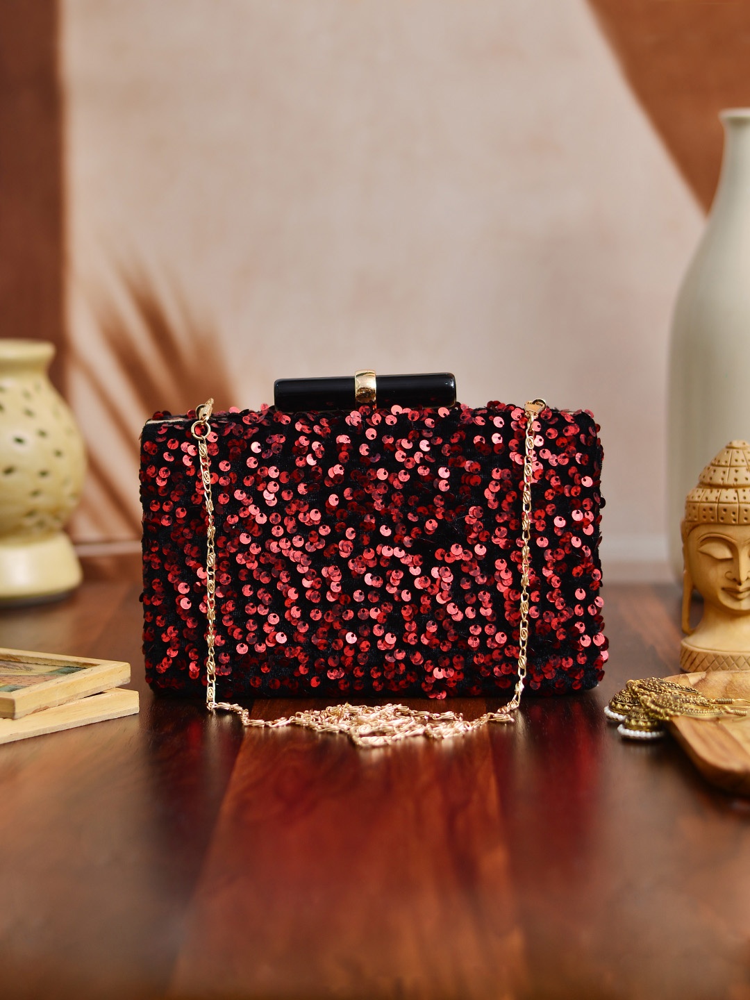 

ARTKLIM Maroon Embellished Box Clutch