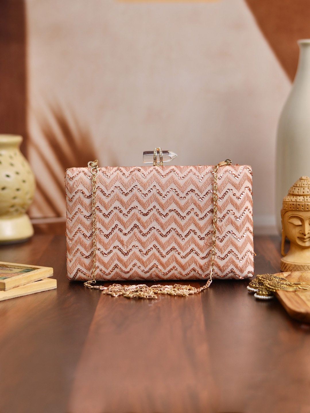 

ARTKLIM Peach-Coloured & Gold-Toned Embroidered Box Clutch