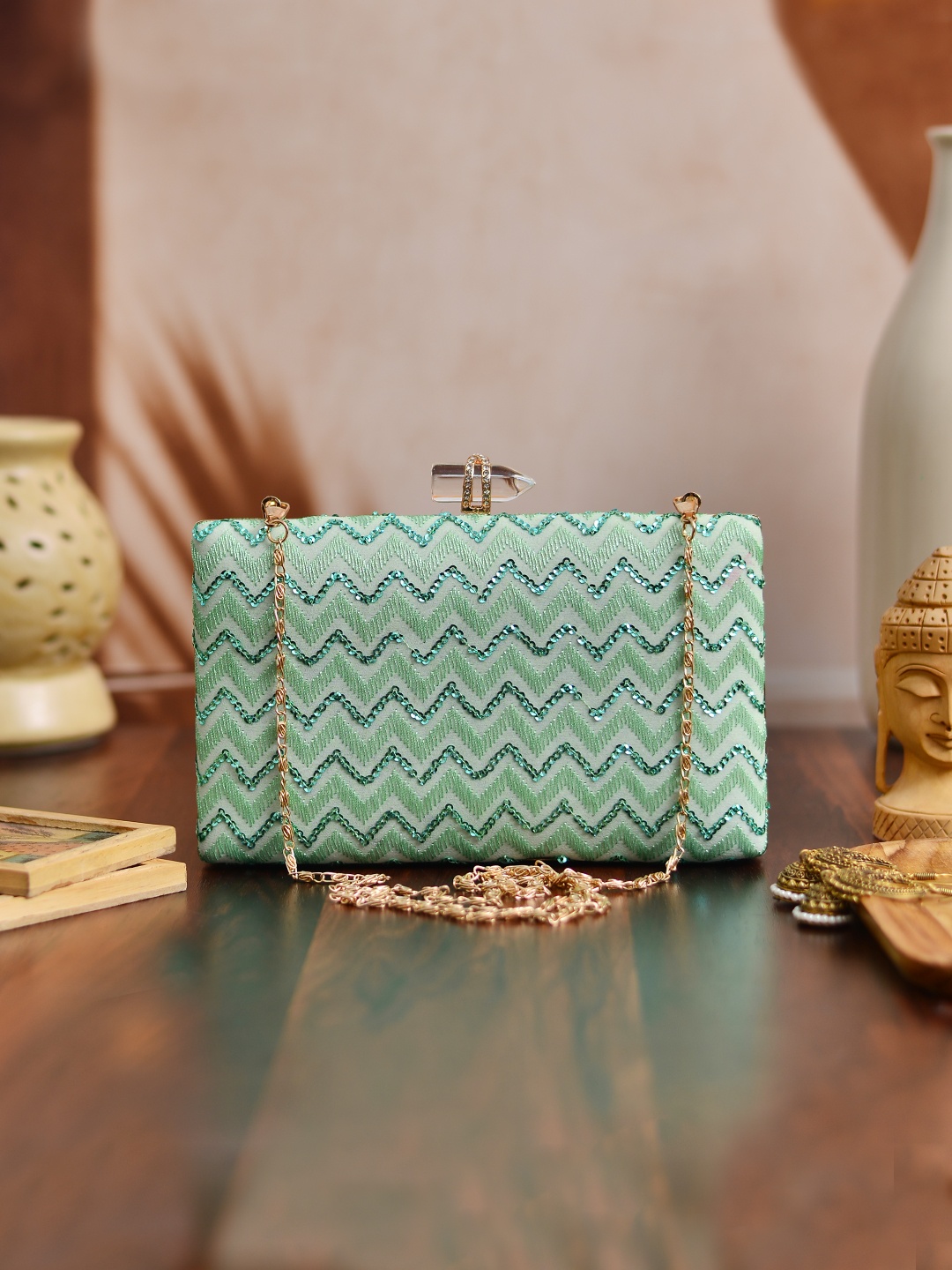 

ARTKLIM Turquoise Blue & Gold-Toned Embroidered Box Clutch
