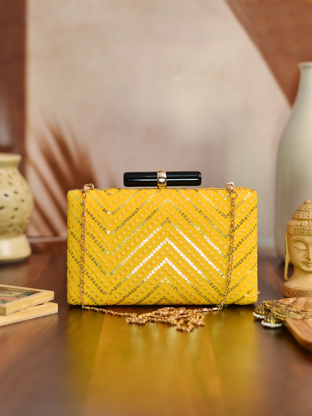 

ARTKLIM Yellow & Gold-Toned Embroidered Box Clutch