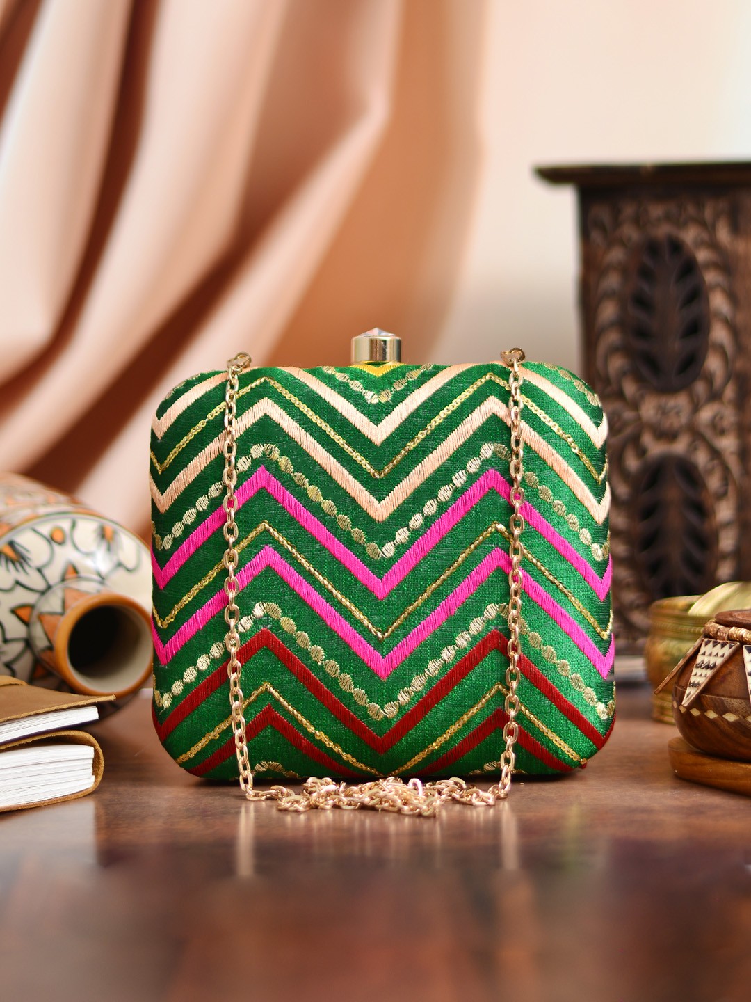 

ARTKLIM Green & Pink Embroidered Box Clutch