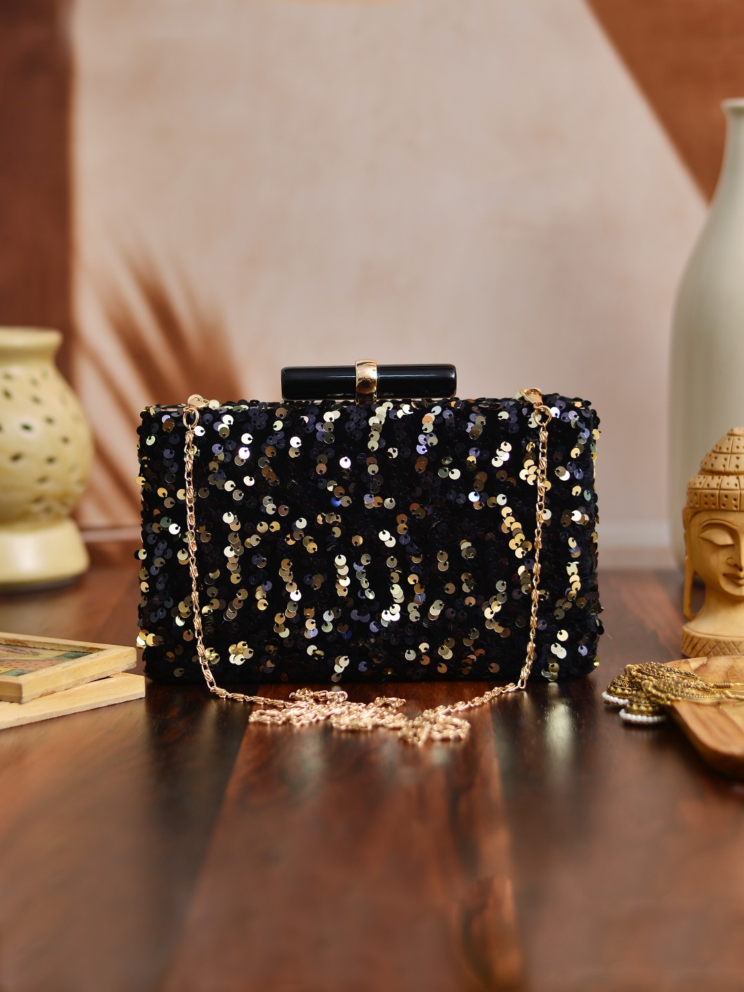 

ARTKLIM Black & Gold-Toned Embroidered Box Clutch
