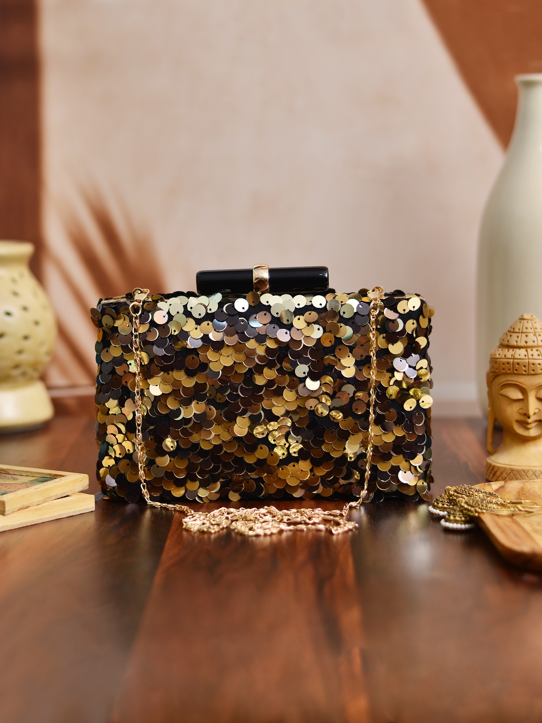 

ARTKLIM Gold-Toned & White Embroidered Box Clutch