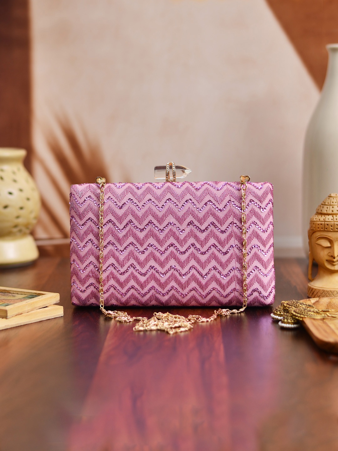 

ARTKLIM Pink Embroidered Box Clutch