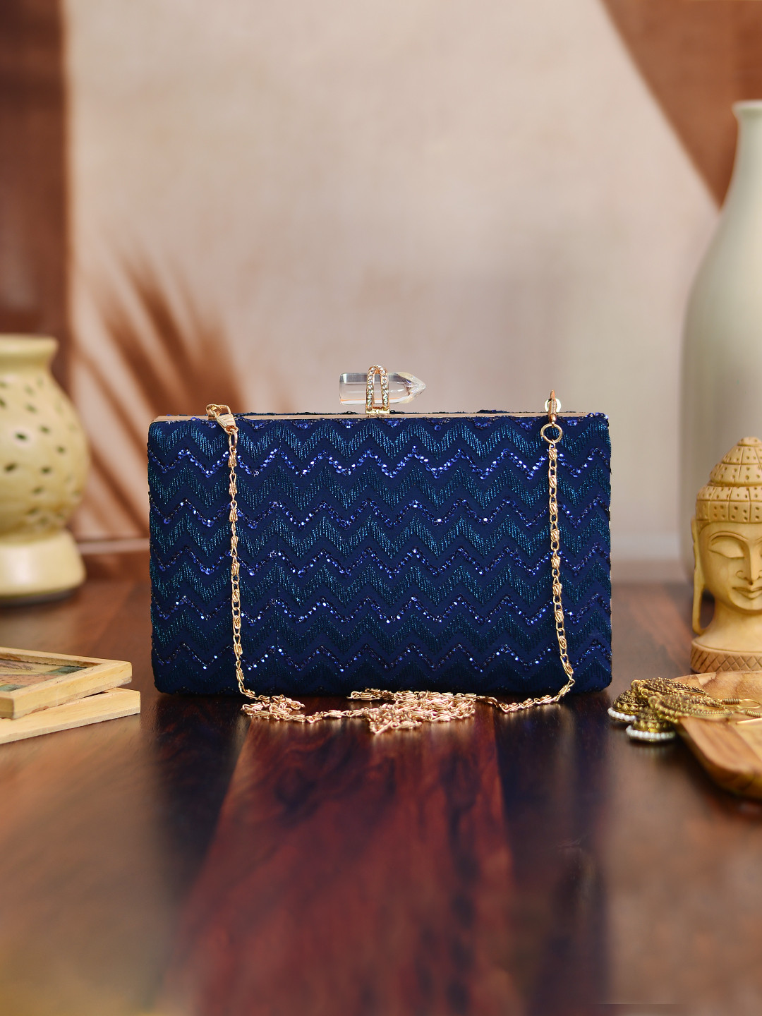 

ARTKLIM Blue & Gold-Toned Embroidered Box Clutch