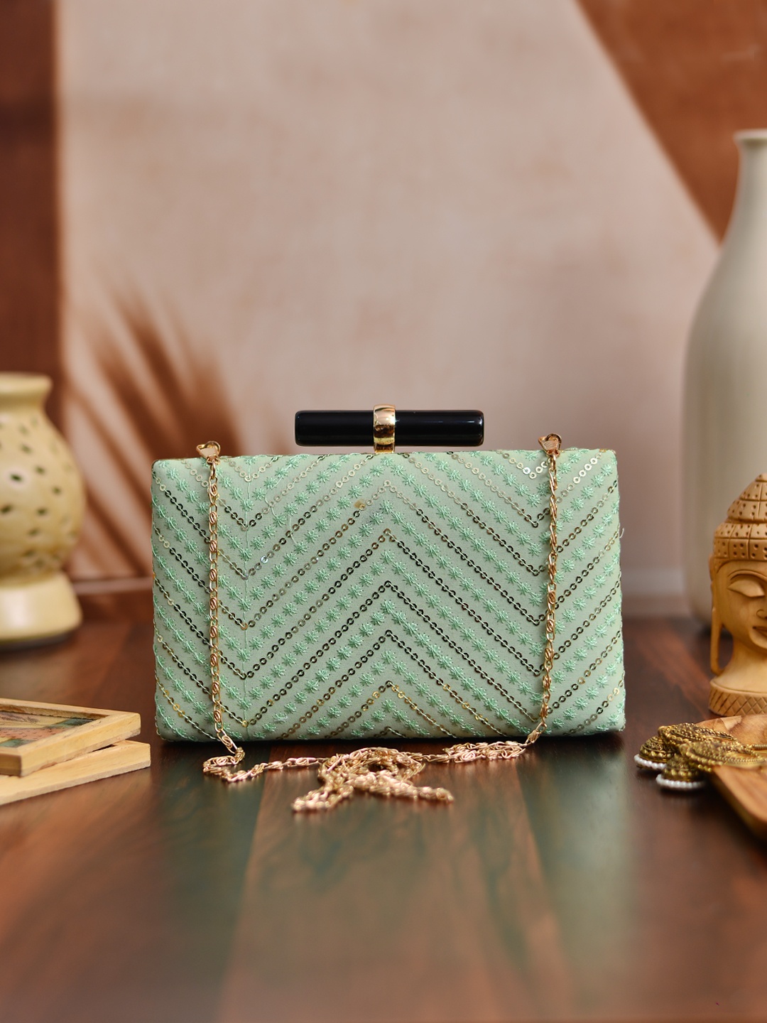 

ARTKLIM Lime Green & Gold-Toned Embroidered Box Clutch