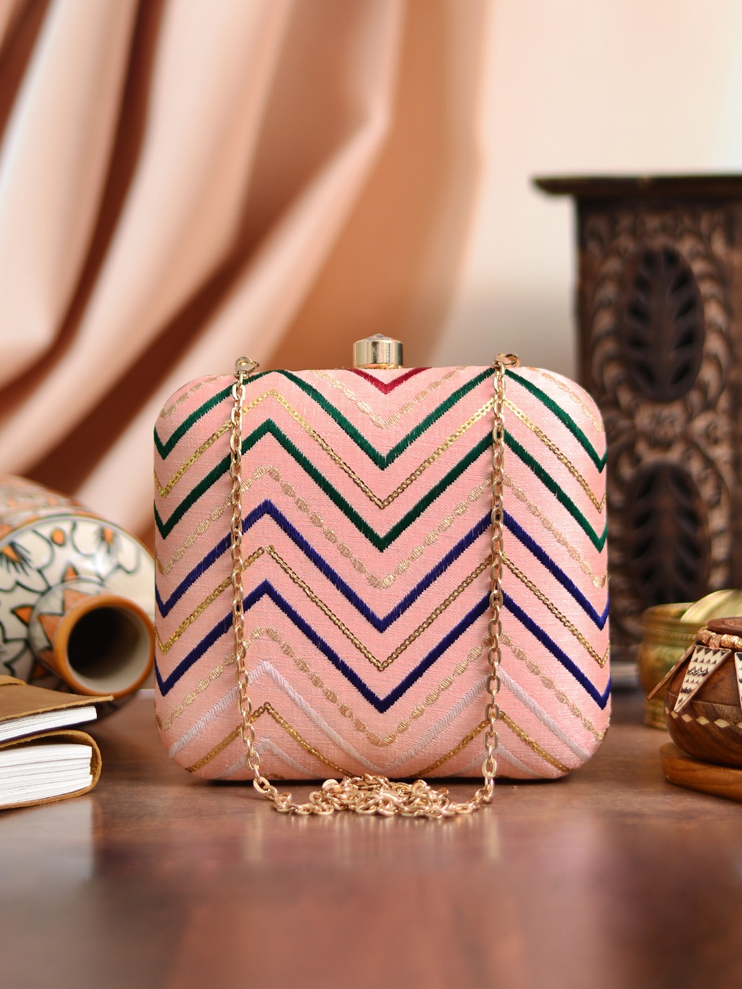 

ARTKLIM Peach-Coloured & Green Embroidered Box Clutch