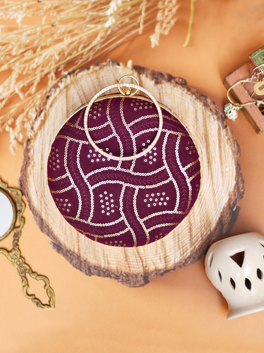 

ARTKLIM Violet & Brown Embroidered Round Clutch