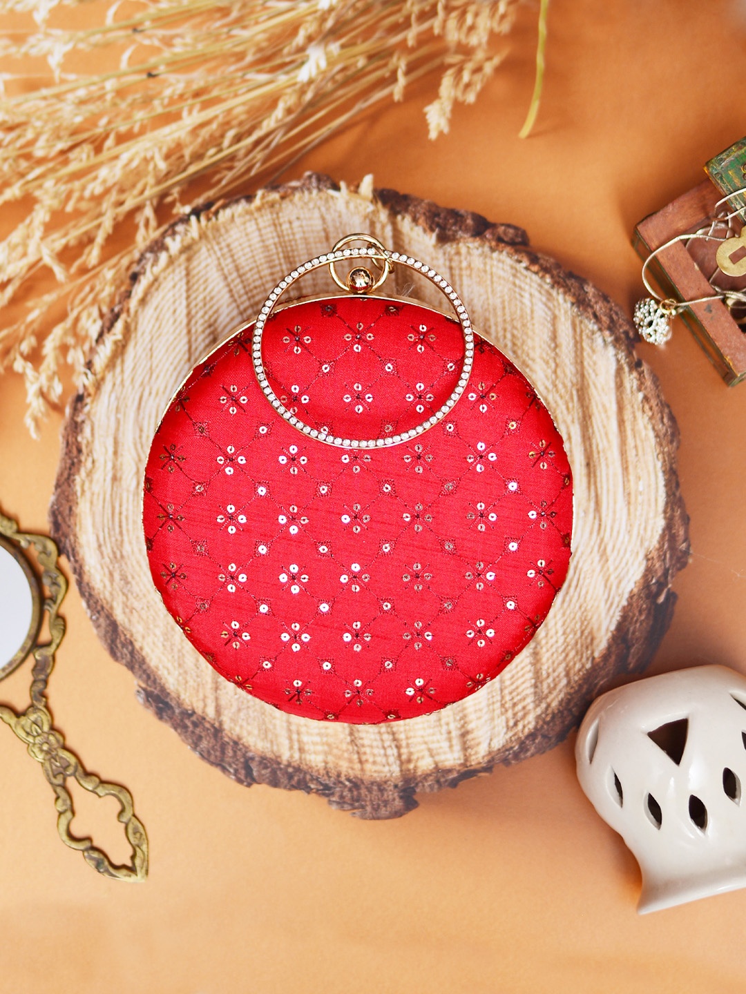 

ARTKLIM Red & Gold-Toned Embroidered Box Clutch