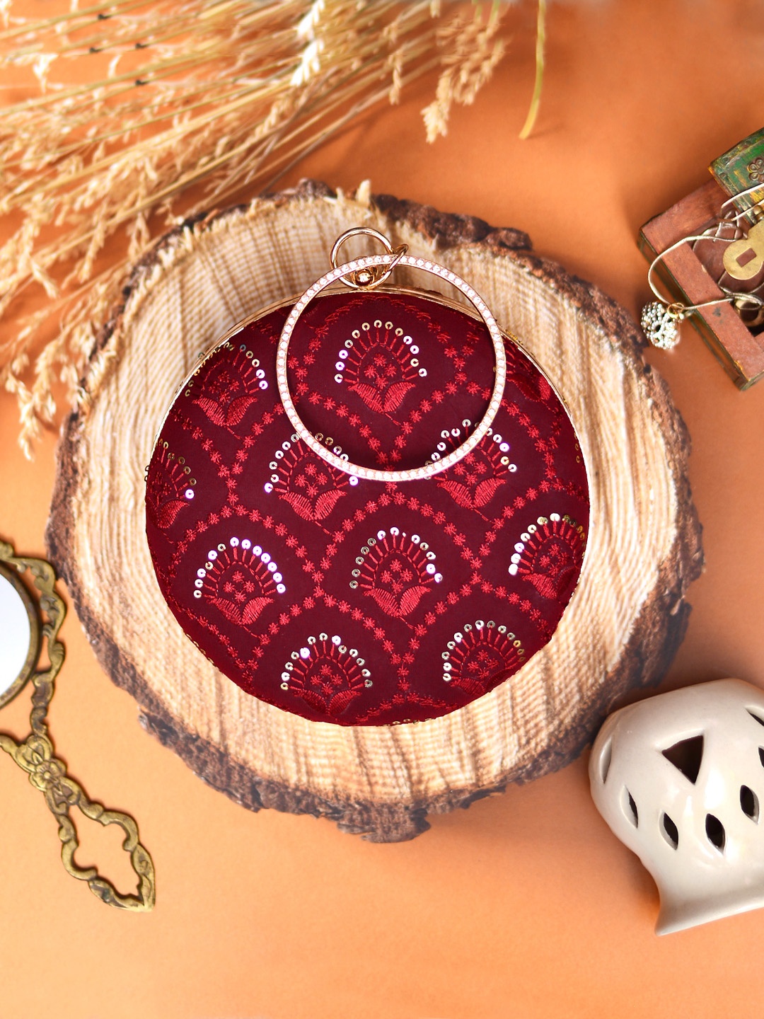 

ARTKLIM Maroon & Gold-Toned Embroidered Box Clutch