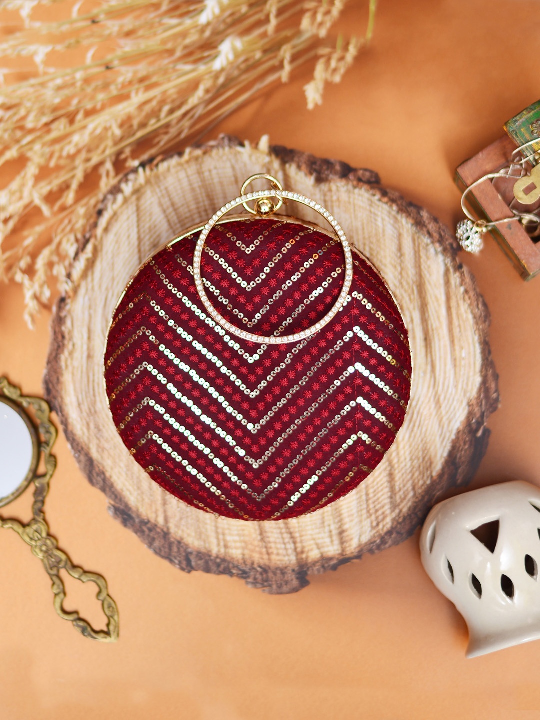 

ARTKLIM Maroon & Silver-Toned Embroidered Box Clutch