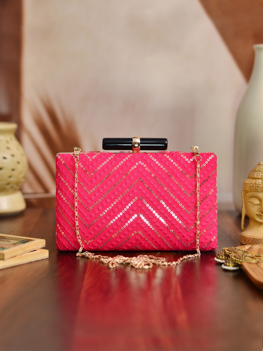 

ARTKLIM Women Pink & Gold-Toned Embellished Embellished Box Clutch