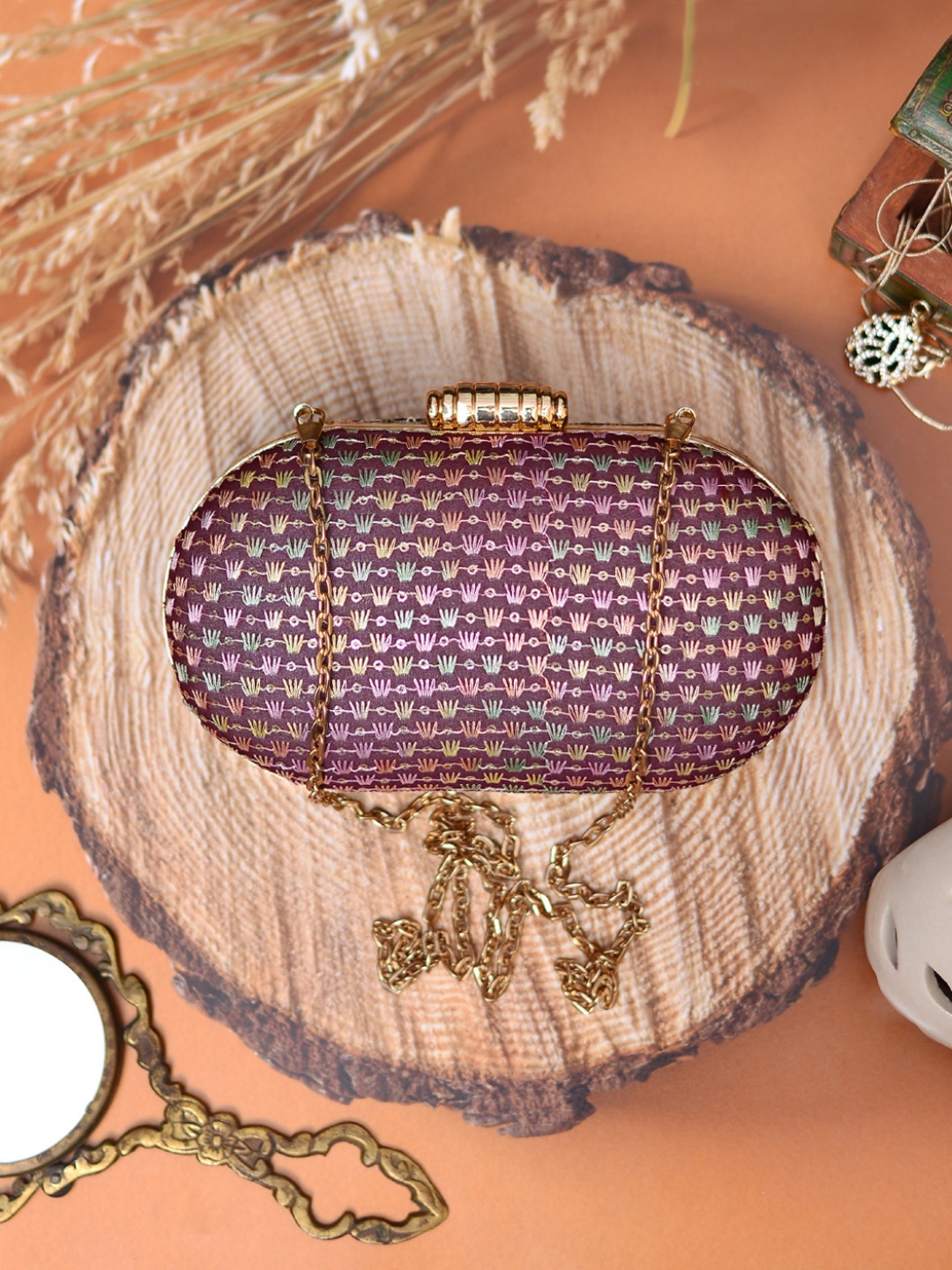 

ARTKLIM Women Burgundy Embroidered Embroidered Box Clutch
