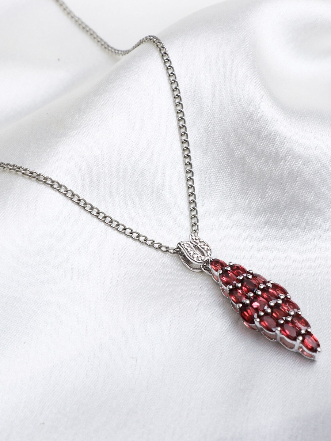 

HIFLYER JEWELS Women Rhodium-Plated Red Garnet Stone Studded Pendant