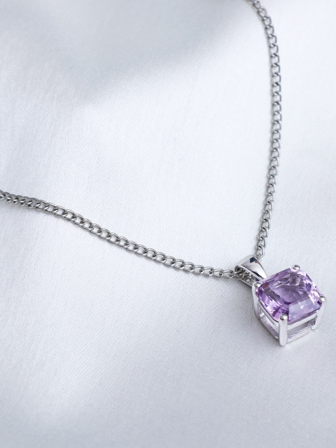 

HIFLYER JEWELS Purple & Rhodium-Plated Amethyst Studded Pendant With Chain