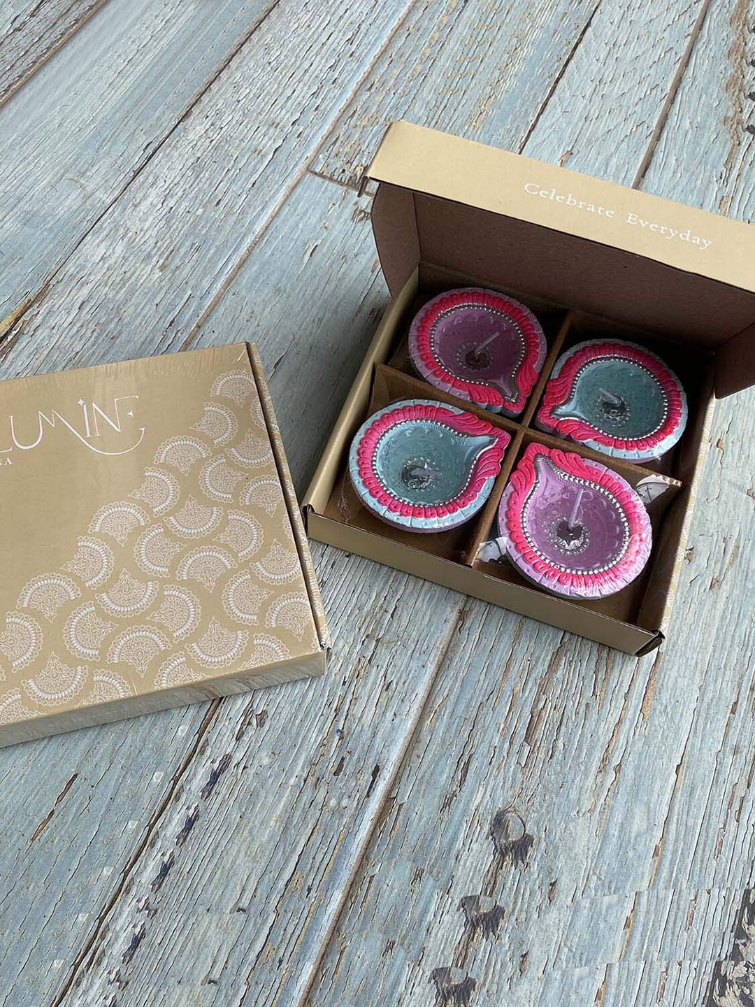 

Ariana Set Of 4 Pink & Blue Textured Terracotta Diyas