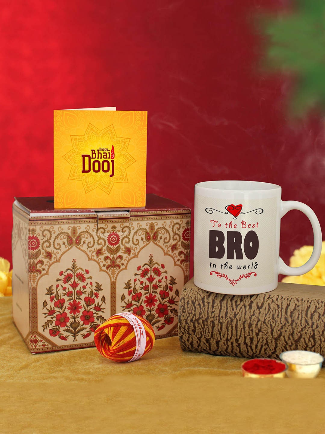 

TIED RIBBONS Pack Of 2 Yellow & White Printed Mug Card & Kalawa Bhai Dooj Gift Set