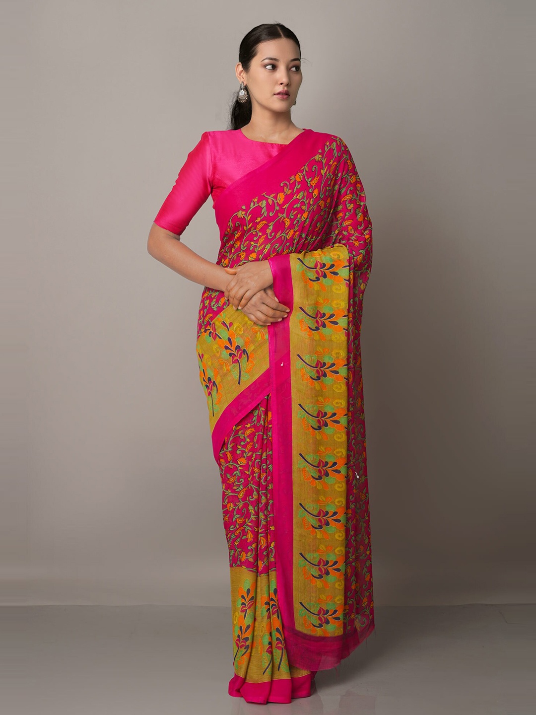 

Unnati Silks Pink & Yellow Floral Printed Saree