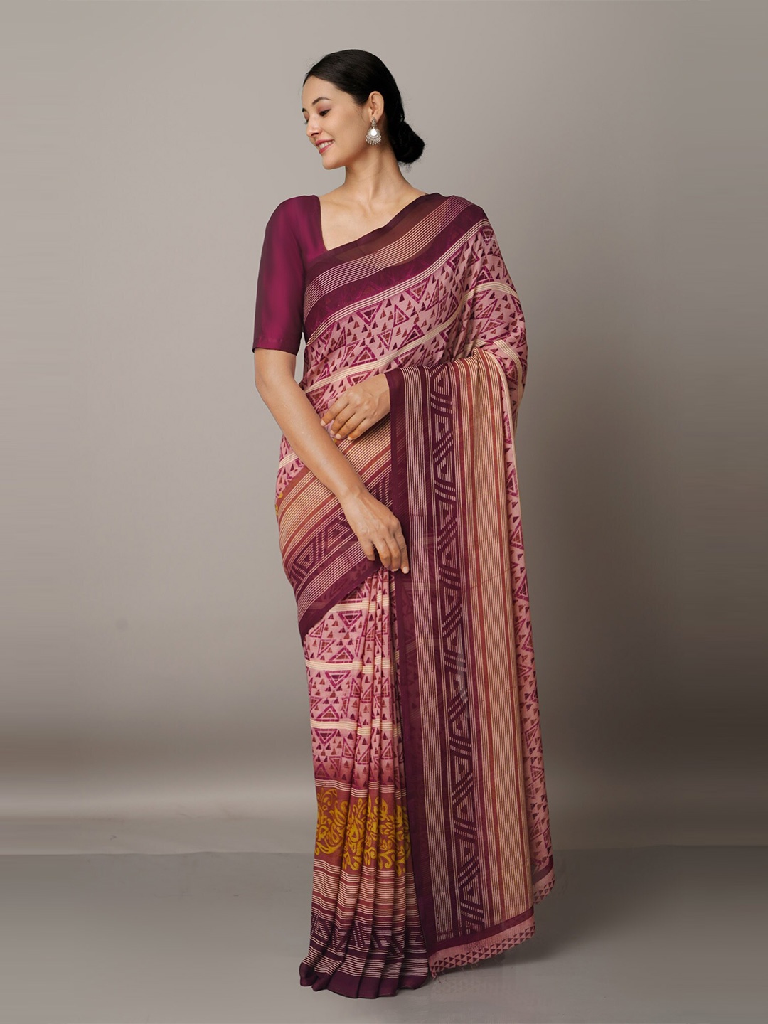 

Unnati Silks Pink & Brown Bandhani Printed Georgette Silk Saree