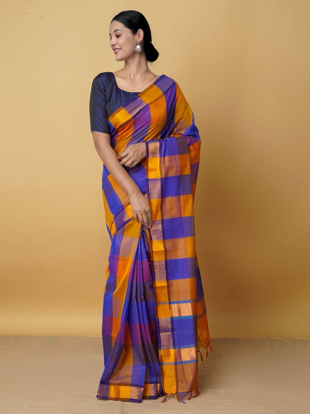 

Unnati Silks Blue & Grey Checked Zari Pure Cotton Mangalagiri Saree