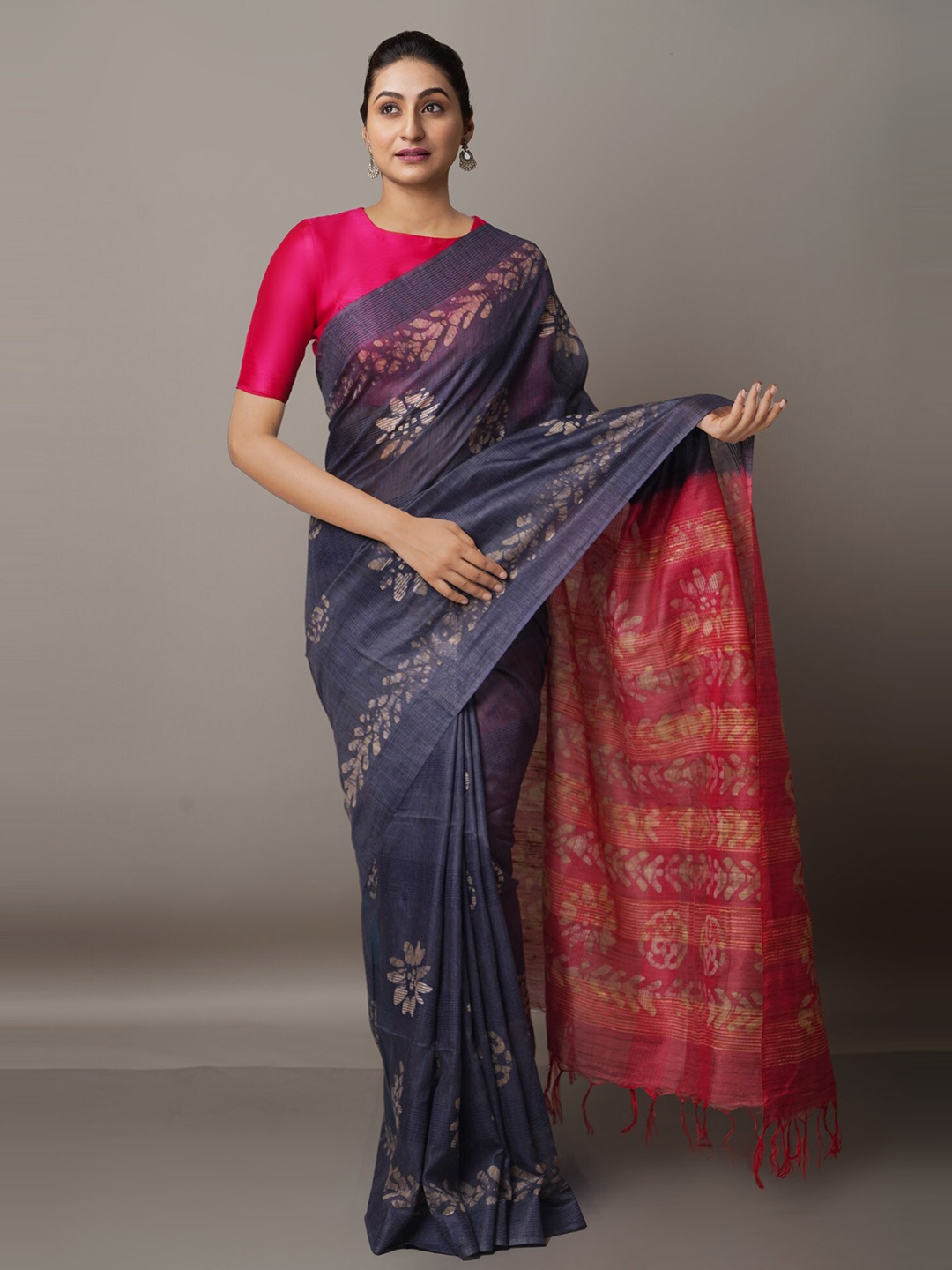

Unnati Silks Navy Blue & Pink Batik Silk Cotton Bhagalpuri Saree