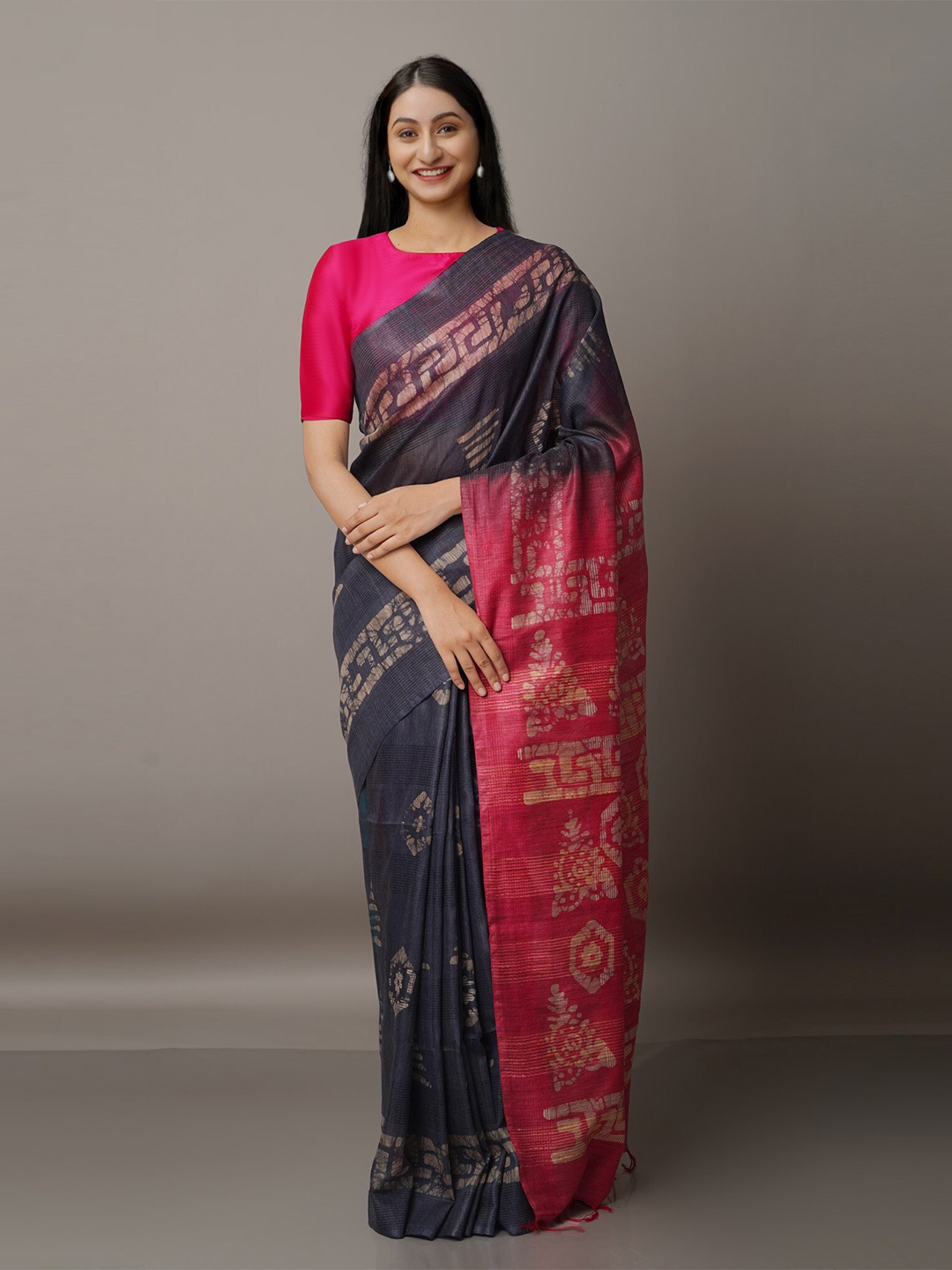 

Unnati Silks Navy Blue & Pink Batik Silk Cotton Bhagalpuri Saree