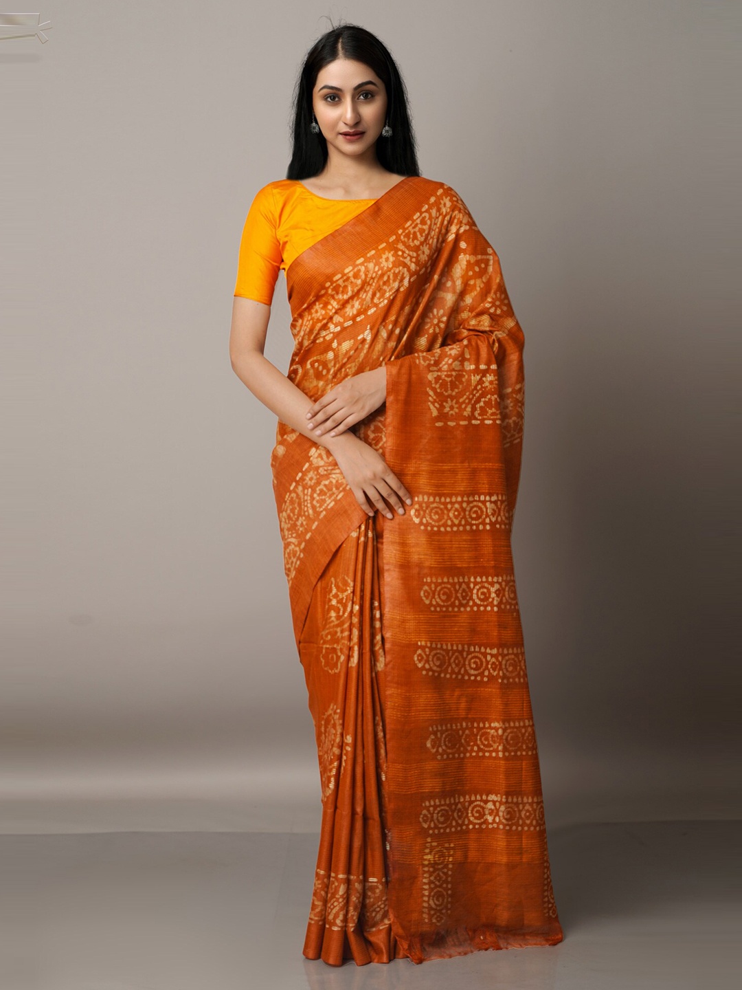 

Unnati Silks Orange Batik Silk Cotton Bhagalpuri Saree