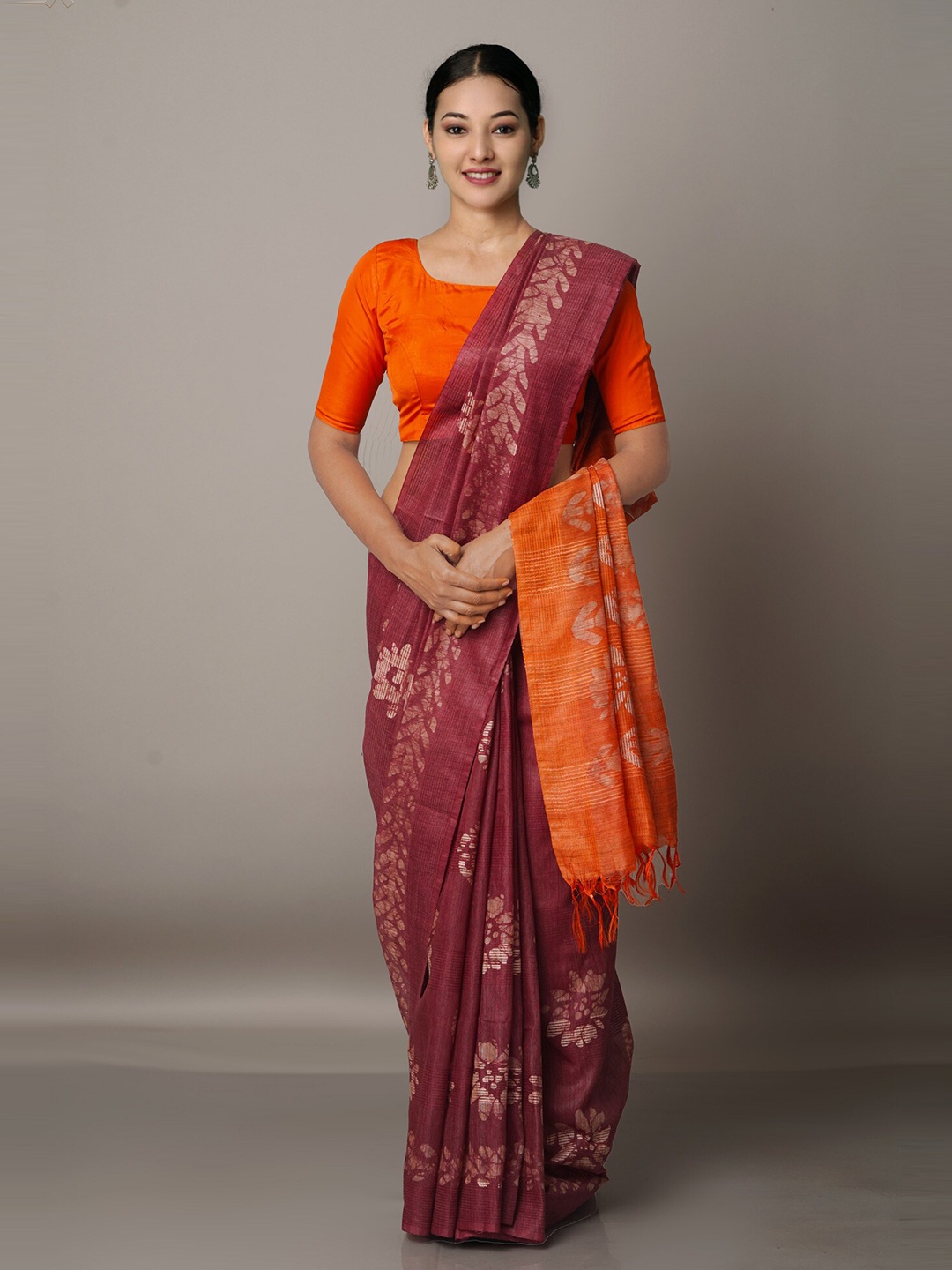 

Unnati Silks Burgundy & Orange Batik Silk Cotton Bhagalpuri Saree