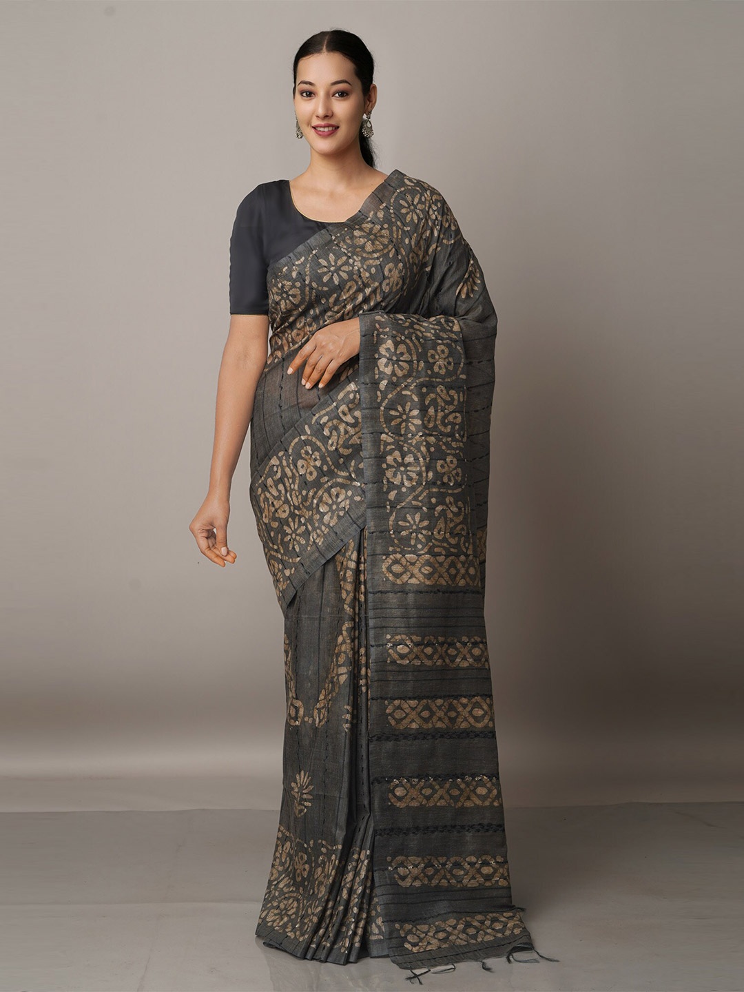 

Unnati Silks Grey & Brown Batik Silk Cotton Bhagalpuri Saree