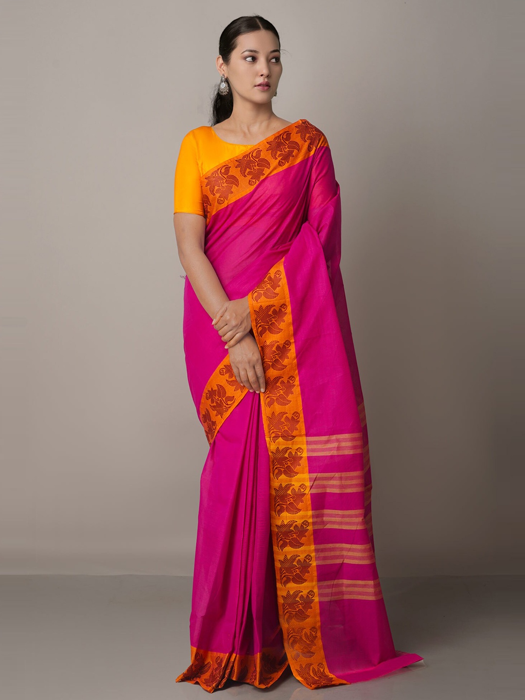 

Unnati Silks Pink & Yellow Zari Pure Cotton Venkatgiri Saree