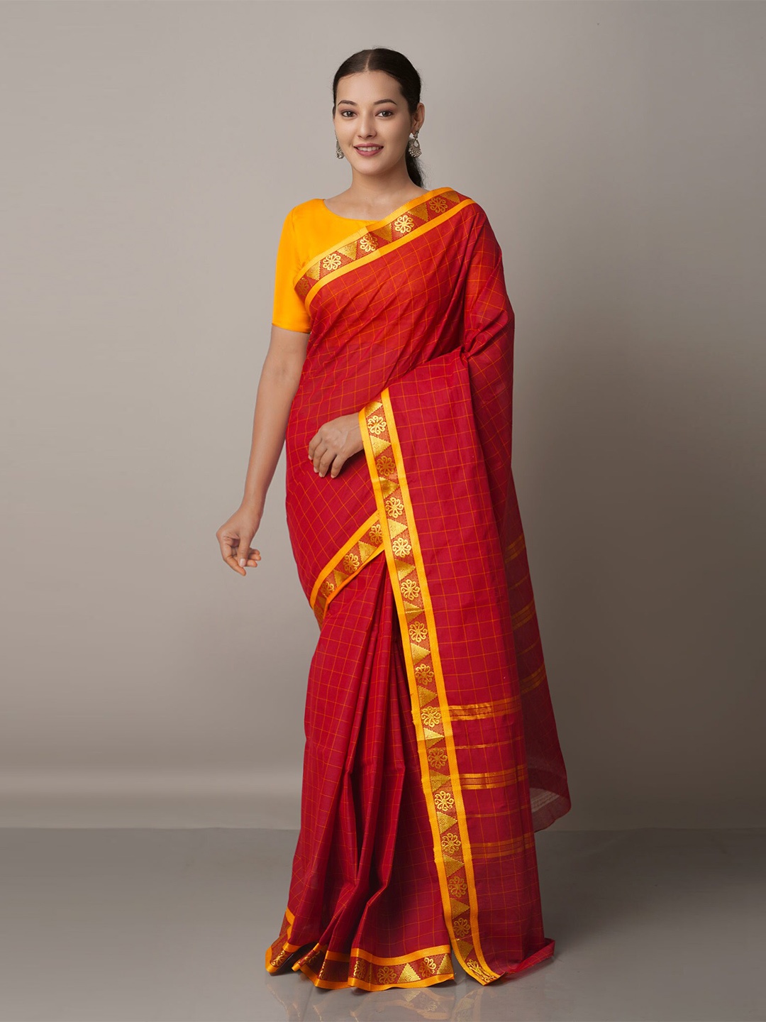 

Unnati Silks Maroon & Gold-Toned Zari Pure Cotton Venkatgiri Saree