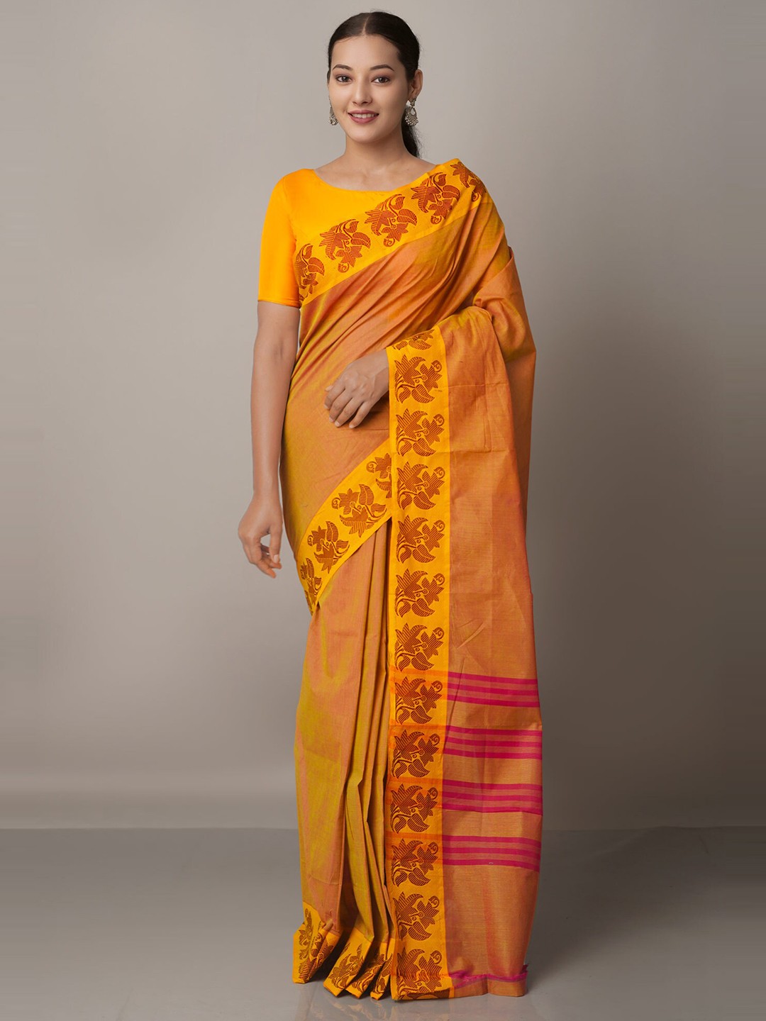 

Unnati Silks Orange & Maroon Woven Design Zari Pure Cotton Venkatgiri Saree