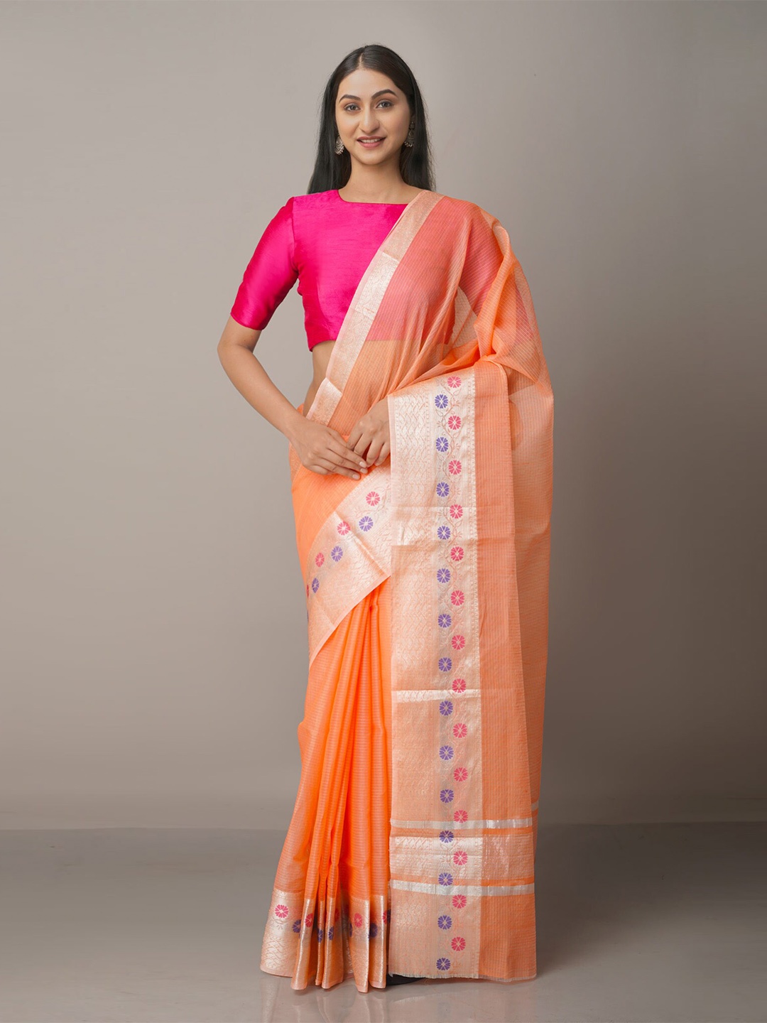 

Unnati Silks Orange & Silver-Toned Zari Silk Blend Kota Saree